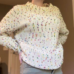 Seven7 Ladies' Cream Confetti Pom Pom Tunic Length Knit Scoop Neck Sweater